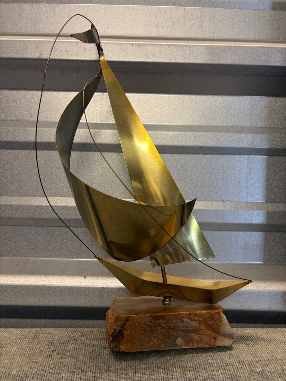 Vintage 80s 16" Brass Sail Boat Sculpture quartz base CA Artist YOSI Signed